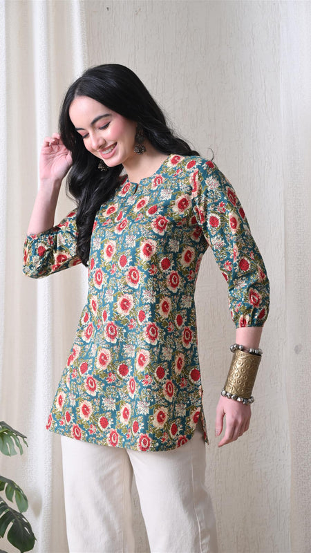 Green SunflowerJal Pure Cotton Casual 3/4th Sleeves Top for women