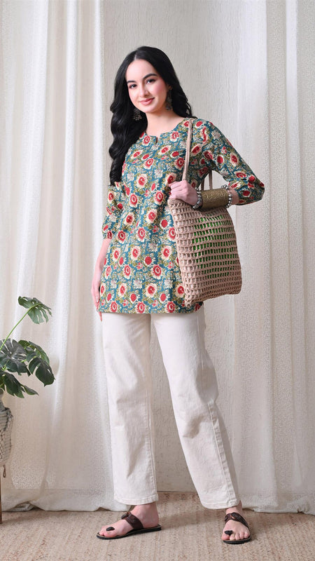 Green SunflowerJal Pure Cotton Casual 3/4th Sleeves Top for women