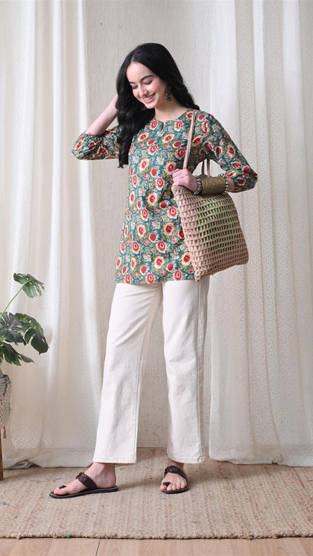 Green SunflowerJal Pure Cotton Casual 3/4th Sleeves Top for women