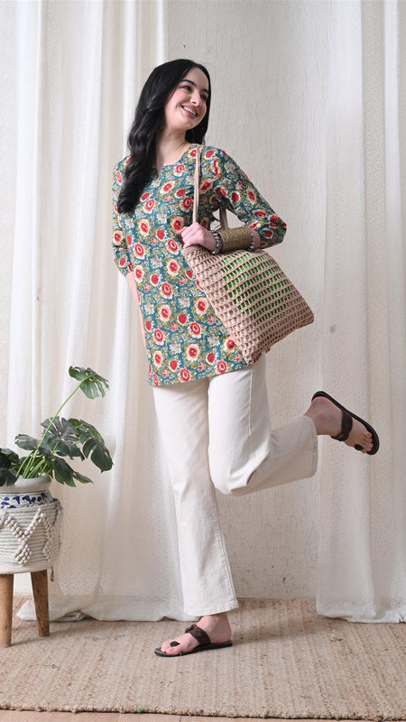 Green SunflowerJal Pure Cotton Casual 3/4th Sleeves Top for women