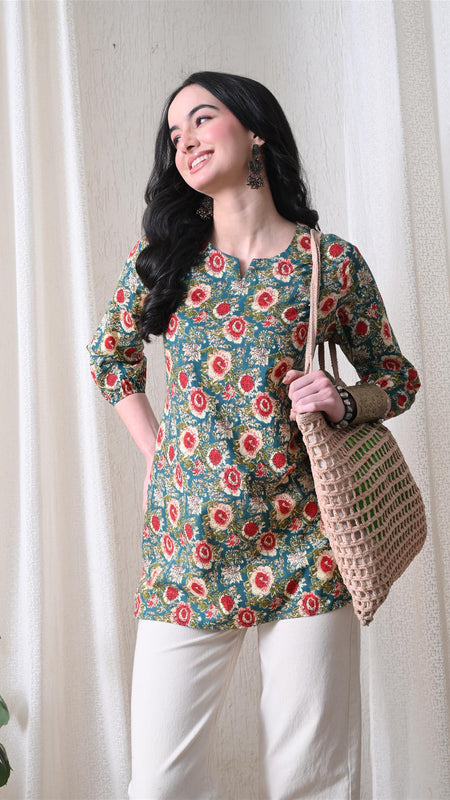 Green SunflowerJal Pure Cotton Casual 3/4th Sleeves Top for women