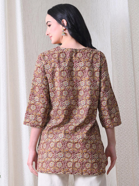 Mustard Jaal Block Pure Cotton Casual 3/4th Sleeves Top for women