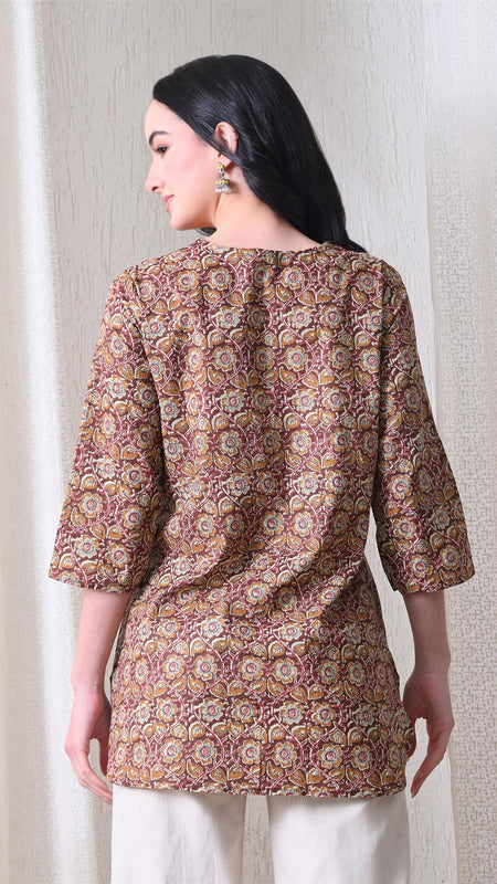 Mustard Jaal Block Pure Cotton Casual 3/4th Sleeves Top for women