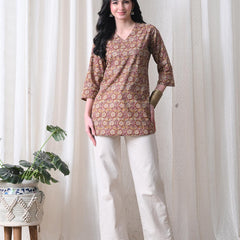 Mustard Jaal Block Pure Cotton Casual 3/4th Sleeves Top for women