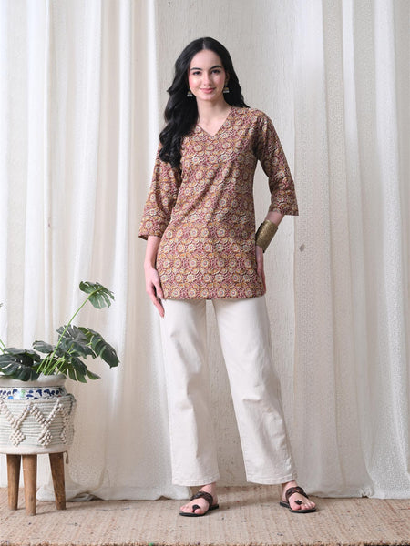 Mustard Jaal Block Pure Cotton Casual 3/4th Sleeves Top for women