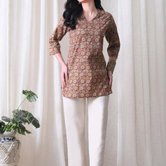 Mustard Jaal Block Pure Cotton Casual 3/4th Sleeves Top for women