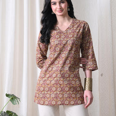 Mustard Jaal Block Pure Cotton Casual 3/4th Sleeves Top for women