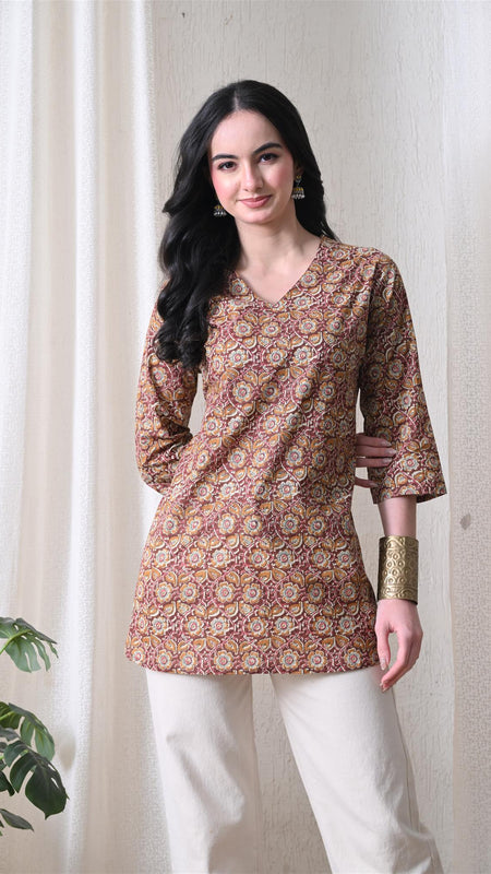 Mustard Jaal Block Pure Cotton Casual 3/4th Sleeves Top for women