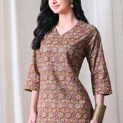 Mustard Jaal Block Pure Cotton Casual 3/4th Sleeves Top for women