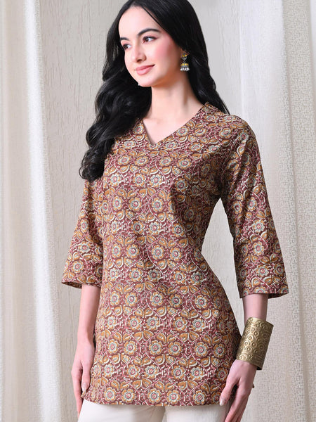 Mustard Jaal Block Pure Cotton Casual 3/4th Sleeves Top for women