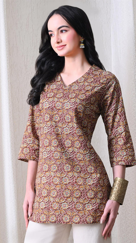 Mustard Jaal Block Pure Cotton Casual 3/4th Sleeves Top for women