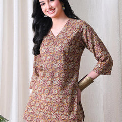 Mustard Jaal Block Pure Cotton Casual 3/4th Sleeves Top for women