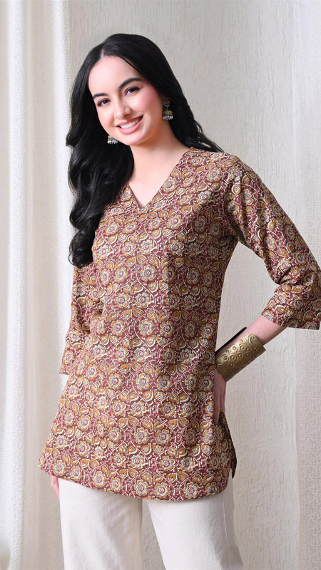 Mustard Jaal Block Pure Cotton Casual 3/4th Sleeves Top for women