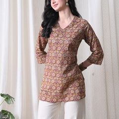 Mustard Jaal Block Pure Cotton Casual 3/4th Sleeves Top for women