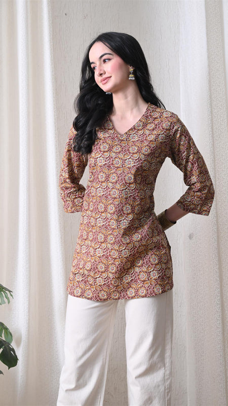 Mustard Jaal Block Pure Cotton Casual 3/4th Sleeves Top for women