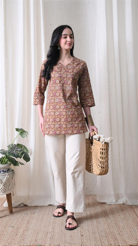 Mustard Jaal Block Pure Cotton Casual 3/4th Sleeves Top for women