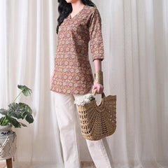 Mustard Jaal Block Pure Cotton Casual 3/4th Sleeves Top for women