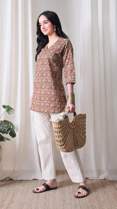 Mustard Jaal Block Pure Cotton Casual 3/4th Sleeves Top for women