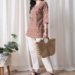 Mustard Jaal Block Pure Cotton Casual 3/4th Sleeves Top for women