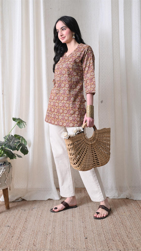 Mustard Jaal Block Pure Cotton Casual 3/4th Sleeves Top for women