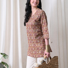 Mustard Jaal Block Pure Cotton Casual 3/4th Sleeves Top for women