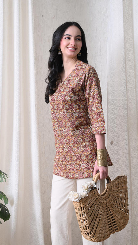 Mustard Jaal Block Pure Cotton Casual 3/4th Sleeves Top for women