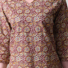 Mustard Jaal Block Pure Cotton Casual 3/4th Sleeves Top for women