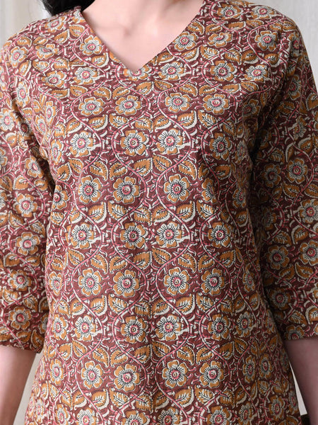 Mustard Jaal Block Pure Cotton Casual 3/4th Sleeves Top for women