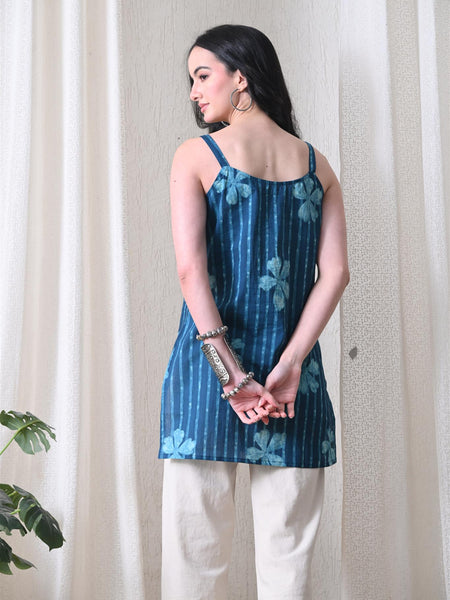 Blue Flower Stripe Casual A-line strappy top for women