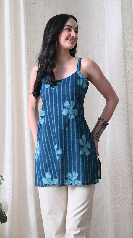 Blue Flower Stripe Casual A-line strappy top for women