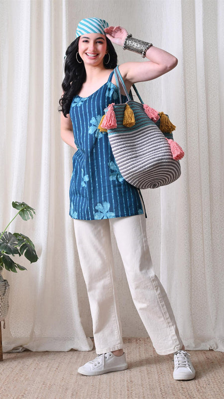 Blue Flower Stripe Casual A-line strappy top for women