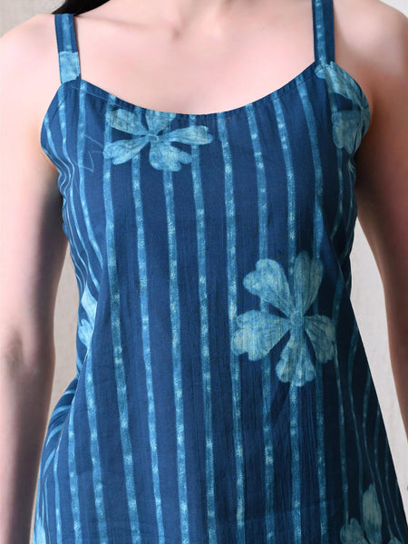 Blue Flower Stripe Casual A-line strappy top for women