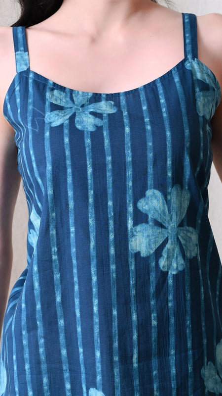 Blue Flower Stripe Casual A-line strappy top for women