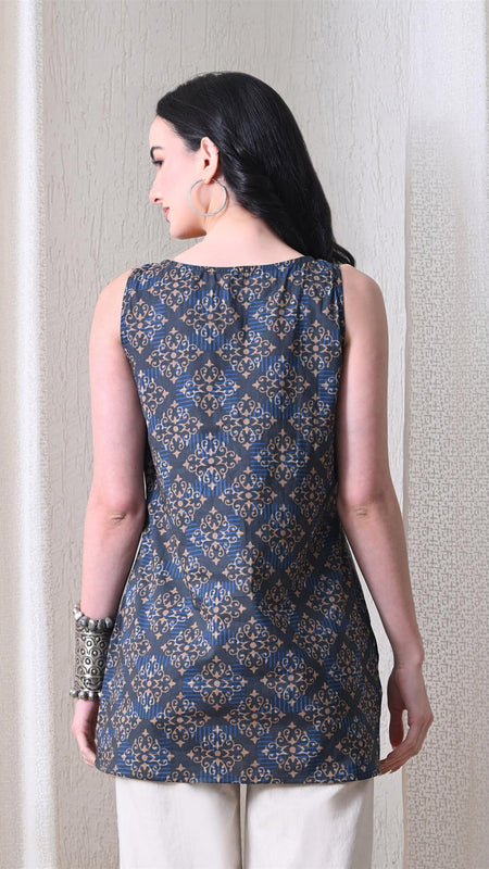 Blue Brown Square Casual A-line sleeveless with key hole neck detailing top for women