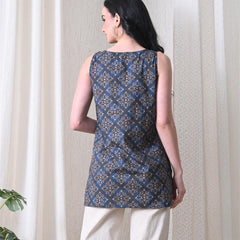 Blue Brown Square Casual A-line sleeveless with key hole neck detailing top for women