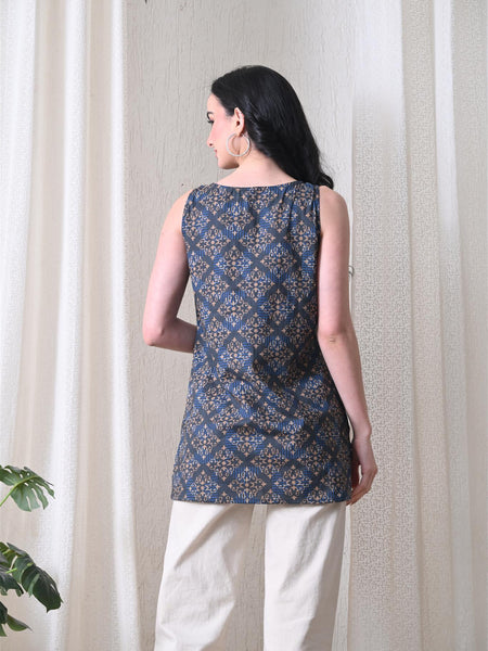 Blue Brown Square Casual A-line sleeveless with key hole neck detailing top for women