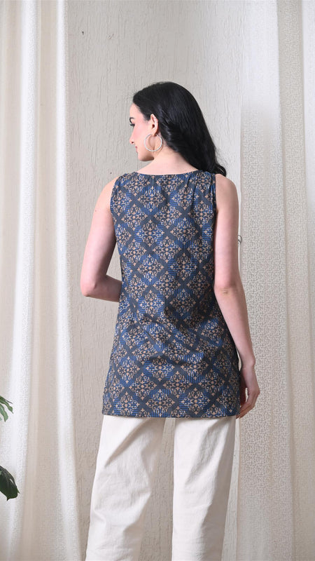 Blue Brown Square Casual A-line sleeveless with key hole neck detailing top for women