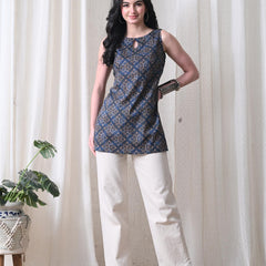 Blue Brown Square Casual A-line sleeveless with key hole neck detailing top for women