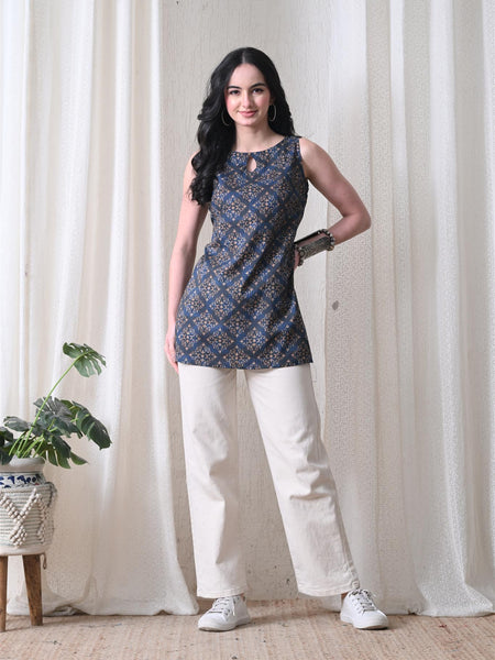 Blue Brown Square Casual A-line sleeveless with key hole neck detailing top for women