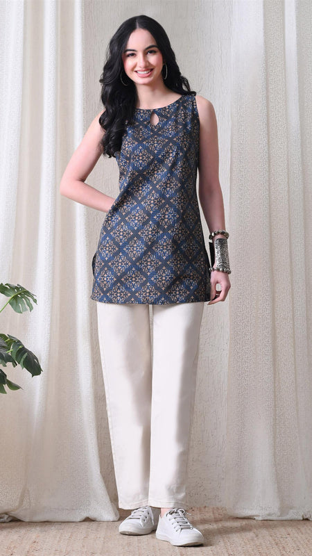 Blue Brown Square Casual A-line sleeveless with key hole neck detailing top for women