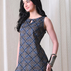 Blue Brown Square Casual A-line sleeveless with key hole neck detailing top for women