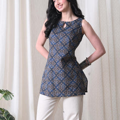 Blue Brown Square Casual A-line sleeveless with key hole neck detailing top for women