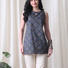 Blue Brown Square Casual A-line sleeveless with key hole neck detailing top for women