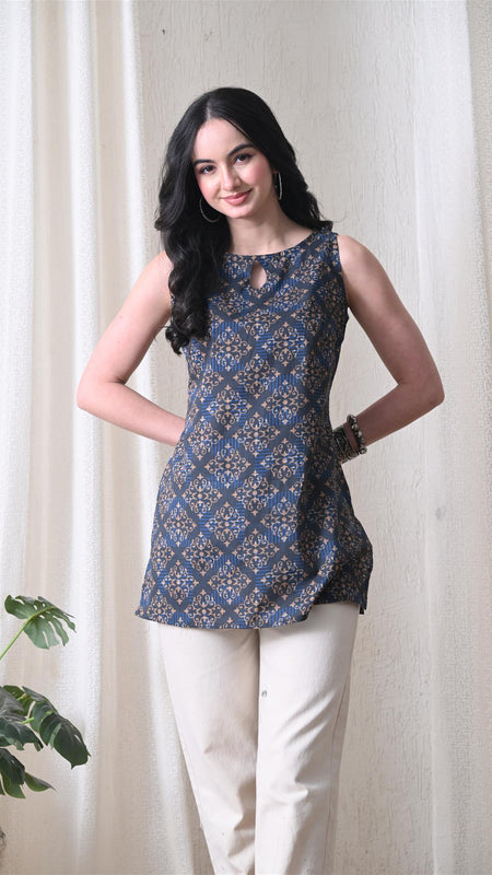 Blue Brown Square Casual A-line sleeveless with key hole neck detailing top for women