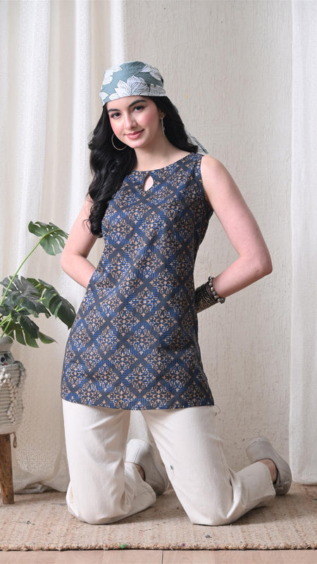 Blue Brown Square Casual A-line sleeveless with key hole neck detailing top for women