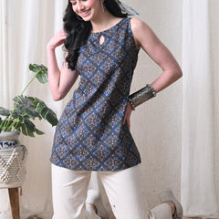 Blue Brown Square Casual A-line sleeveless with key hole neck detailing top for women