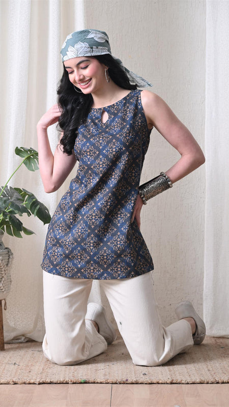 Blue Brown Square Casual A-line sleeveless with key hole neck detailing top for women