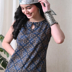 Blue Brown Square Casual A-line sleeveless with key hole neck detailing top for women