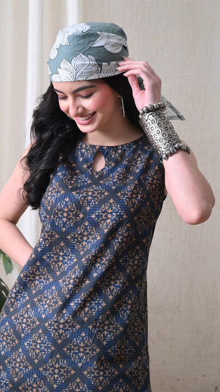 Blue Brown Square Casual A-line sleeveless with key hole neck detailing top for women