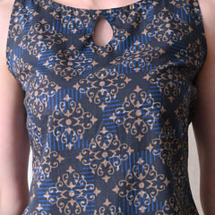 Blue Brown Square Casual A-line sleeveless with key hole neck detailing top for women